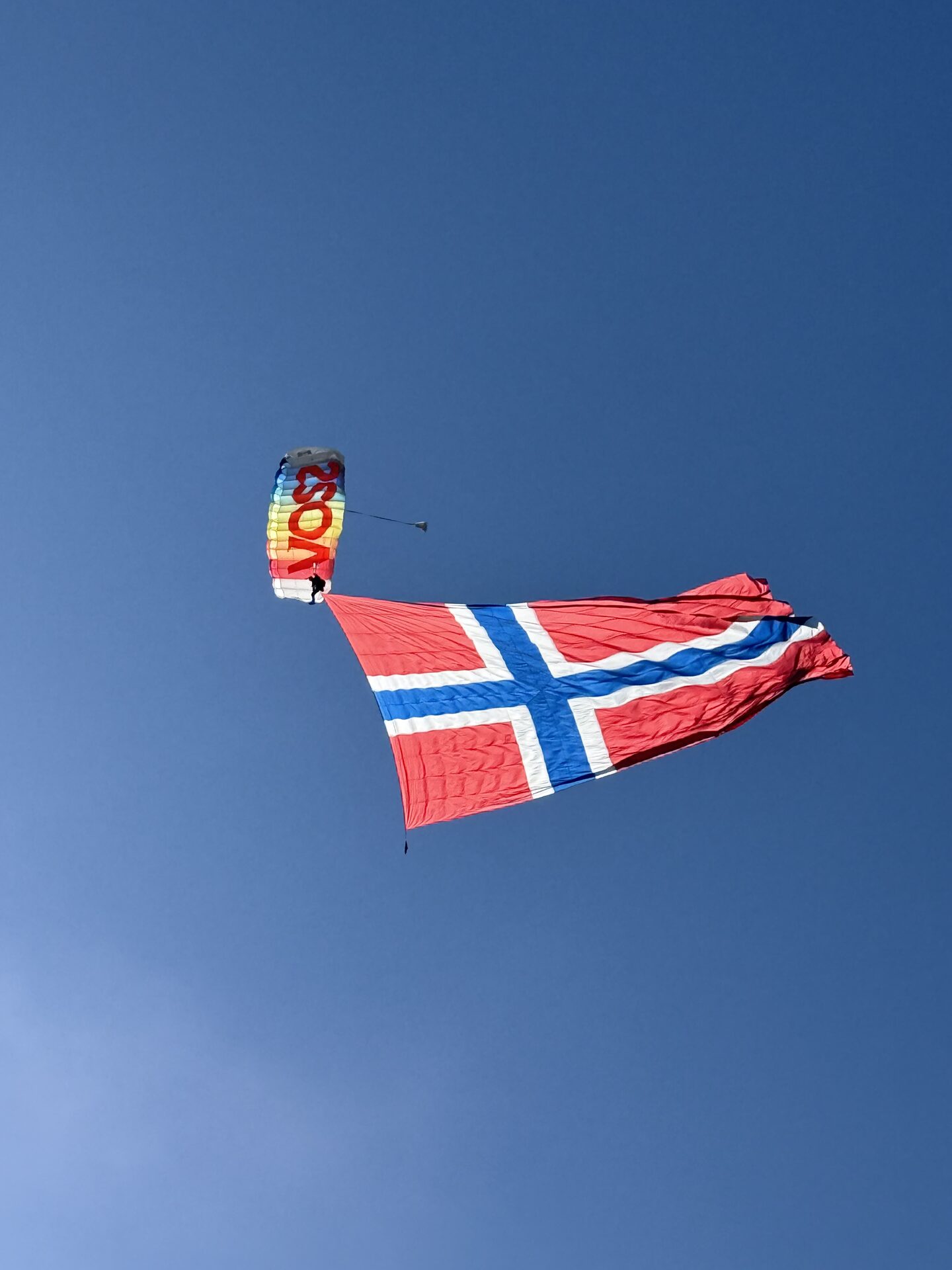 Fallskjermhoppar med norsk flagg